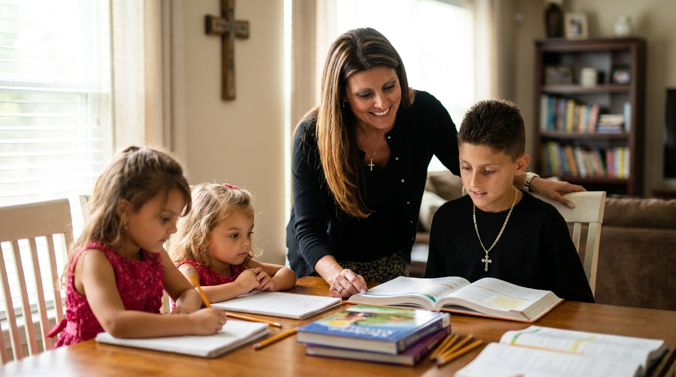 Lisa Myers teaching three children around a dining table at home